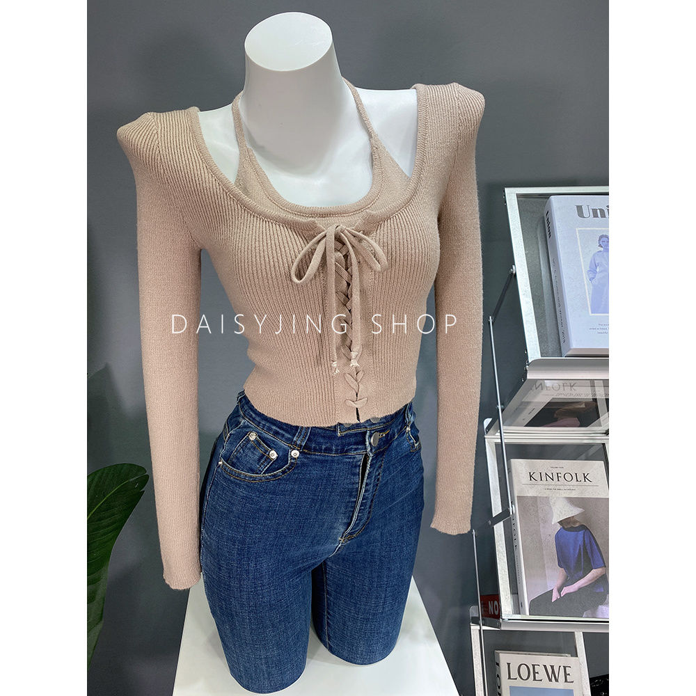DAISYJING autumn new niche hanging neck strap fake two pieces of self-cultivation short vest top for women
