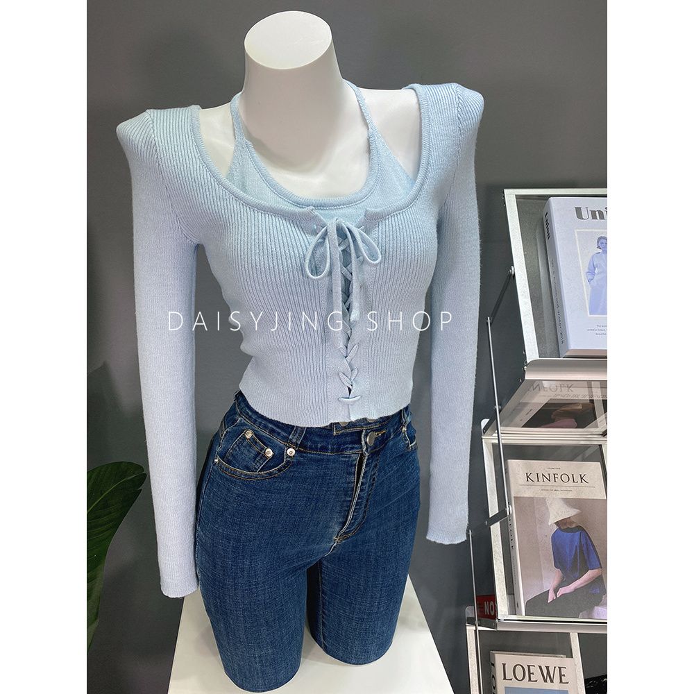 DAISYJING2022 autumn new niche hanging neck strap fake two pieces of self-cultivation short vest top for women