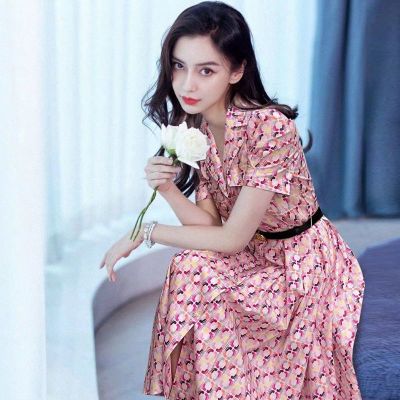 杨颖明星同款高端法式印花连衣裙2023年夏季西装领短袖通勤中长裙