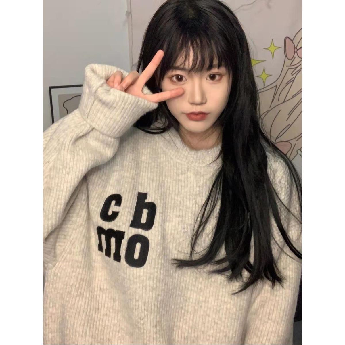 易夢玲同款毛衣字母刺繡寬鬆慵懶風針織衫套頭中領秋冬女