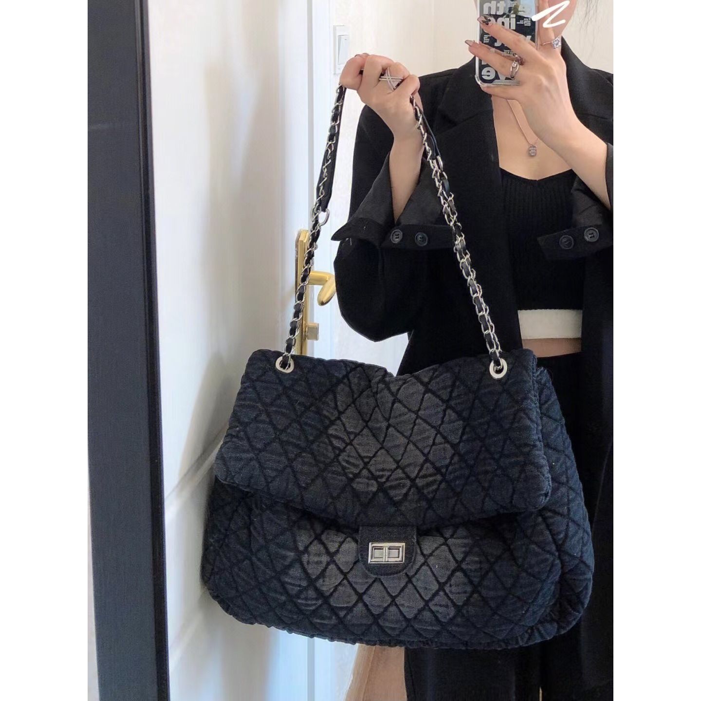 2022 new trendy ink-dyed denim hobo bag rhombus chain bag lazy style crossbody autumn and winter shoulder bag versatile