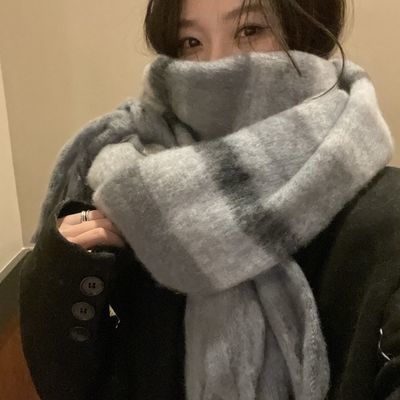 韩版条纹围巾冬季女生高级感拉毛彩色保暖围脖学生情侣披肩两用