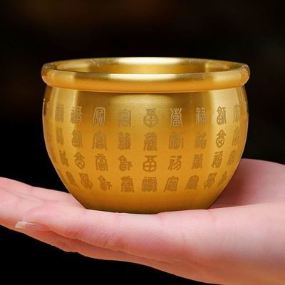 黄铜米缸聚财真黄铜聚宝盆摆件招财进宝百福铜缸客厅装饰小铜杯器