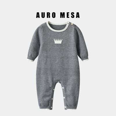 AuroMesa婴儿秋季新款皇冠圆领套头哈衣宝宝包芯纱长袖针织连体衣