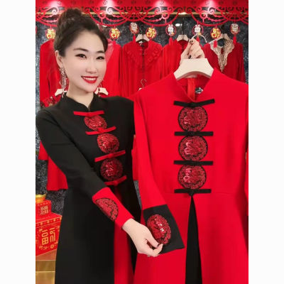 23新年新款气质中国风复古刺绣红色五福连衣裙收腰显瘦中长裙旗袍