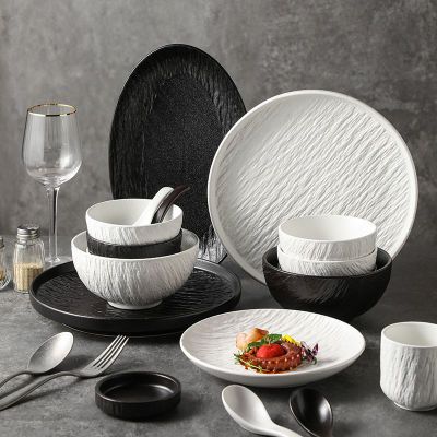 岩石陶瓷餐具套装家用乔迁送礼日式黑白石纹碗筷组合高级感磨砂碗