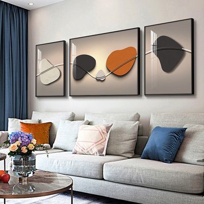 现代简约抽象装饰画客厅沙发背景墙轻奢三联挂画发财麋鹿组合壁画