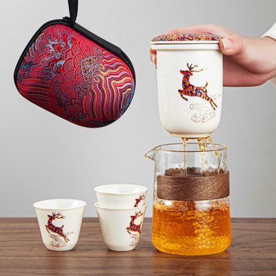 小鹿旅行茶具家用茶水分离杯日式一壶三杯便携陶瓷玻璃快客杯套装