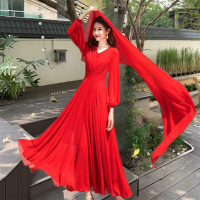 女雪纺连衣裙360度超大摆新款大红色超长沙滩裙海边度假长袖长