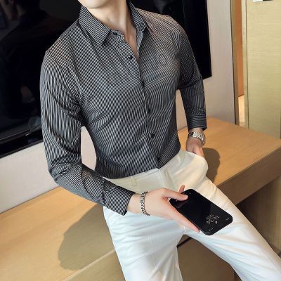 秋季男士条纹印花长袖衬衫夜店时尚个性韩版修身弹力发型师帅衬衣