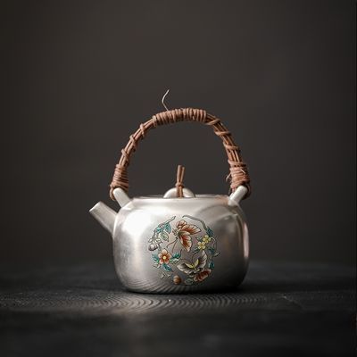手工陶瓷鎏银泡茶壶提梁壶小银壶家用茶壶功夫茶具围炉煮茶器国风