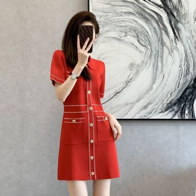 明星同款订婚小香风短袖针织连衣裙女2026春夏季气质名媛红色短裙