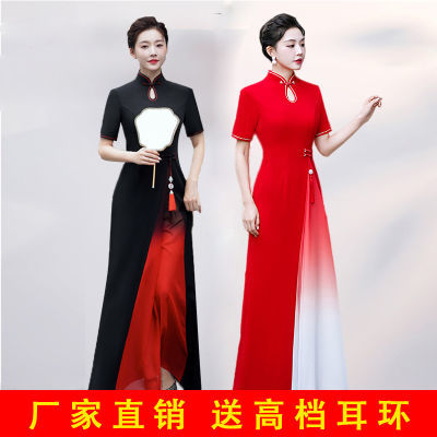 越南奥黛旗袍2023年新款改良版走秀演出服长款高端大气舞台连衣裙