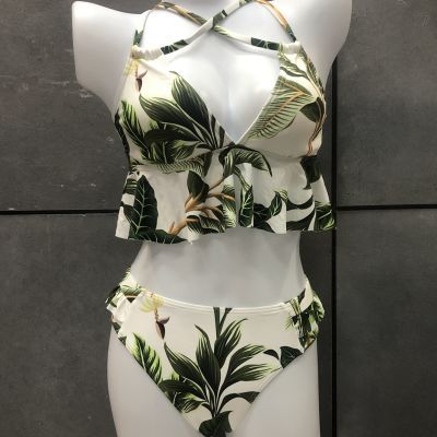 品牌剪标女分体泳衣比基尼欧美性感花边高品质度假沙滩温泉绿绑带