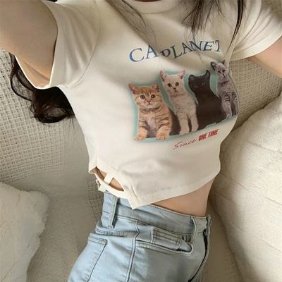 猫咪印花t恤女短袖修身设计感小众腰部镂空辣妹小个子短款上衣夏