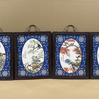 刘雨笒作品红木镶瓷板画粉彩开窗花鸟四条挂屏
高36
宽29