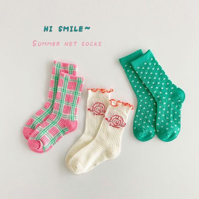 夏季新款儿童袜子女童中筒网格袜波点格子可爱木耳边薄款女童袜