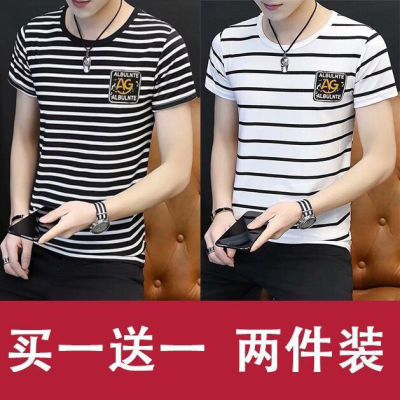 新款条纹短袖t恤男士圆领夏季潮流2022韩版学生体恤黑白海魂