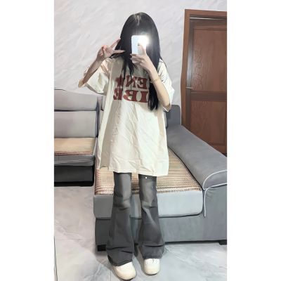 超火美式短袖t恤女学生中长款夏季韩版印花宽松慵懒风小众上衣ins