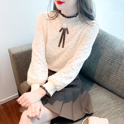 磨毛蕾丝打底衫女2026秋冬新款加绒加厚花边蝴蝶结立领长袖镂空衫