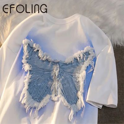 EFOLING100%纯棉美式复古蝴蝶贴布短袖t恤女夏设计感小众潮牌上衣