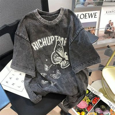 国潮复古高街潮酷印花2023夏季新款机能暗黑水洗做旧短袖T恤女ins