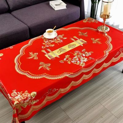 红色烫金客厅茶几桌布防水防油防烫免洗PVC不透明长方形喜庆新款