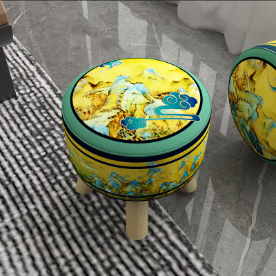 换鞋凳千里江山图小凳子中式圆凳放脚凳中国风沙发边凳矮凳放脚凳