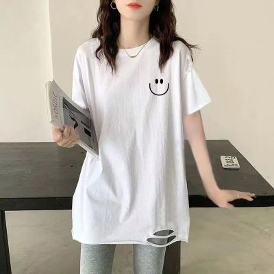 韩国白色纯棉破洞t恤女2023夏季新款短袖打底衫中长款宽松i