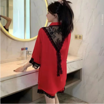 睡衣女夏天2023新款红色睡裙套装薄款高级感衬衫性感蕾丝边睡衣裙