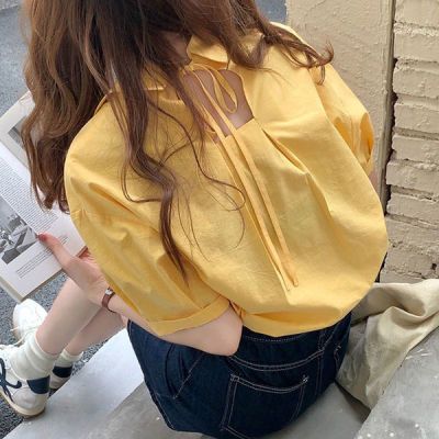 短袖衬衫鹅黄色心机设计感后背系带镂空奶油黄衬衣女领衬衫百搭