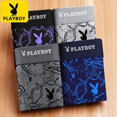 花花公子四条礼盒装男士内裤纯棉平角短裤中腰青年印花透气四角裤