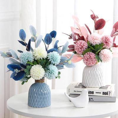日式地中海陶瓷花瓶唯美蓝白色仿真花艺摆件尤加利假干花绣球套装