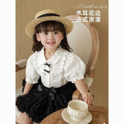 儿童短袖衬衫夏装新款jk制服儿童女宝宝洋气衬衣白色蕾丝纯棉小衫