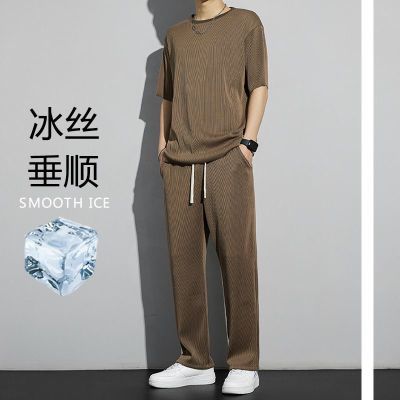 冰丝运动套装男夏季薄款短袖t恤速干休闲长裤子穿搭半袖衣服一套
