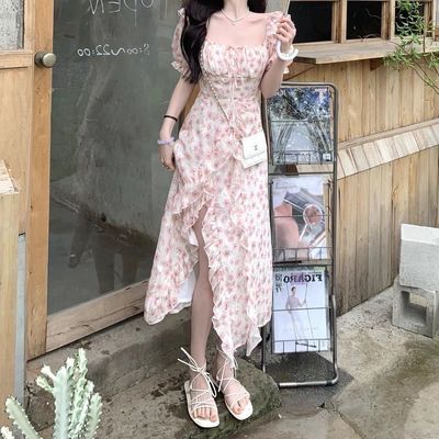 Сексуальное платье, розовая сексуальная длинная юбка, в цветочек, коллекция 2023, по фигуре, средней длины