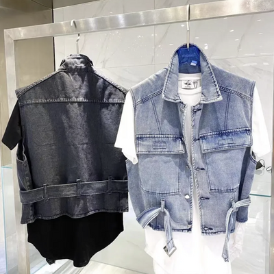 韩版嘻哈牛仔背心马甲男女百搭小众宽松复古短款情侣坎肩上衣外搭