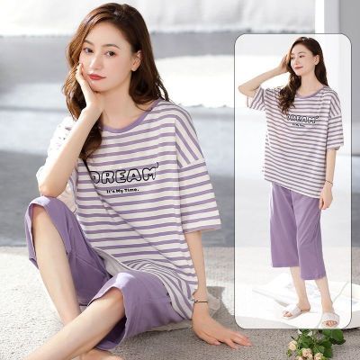 100%全棉睡衣女夏纯棉休闲七分裤可外穿公主风大码舒适家居服套装