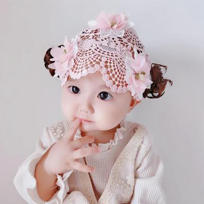 婴儿蕾丝发带护卤门发帽韩国可爱公主樱桃头花女宝宝假发夏空顶帽