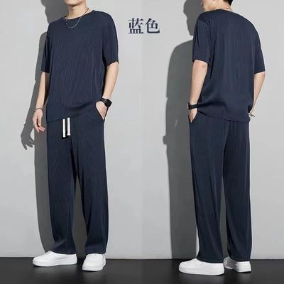 冰丝运动套装男士夏季薄款休闲长裤子短袖t恤ins速干垂感衣服一套