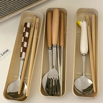 ins小鸭子木质筷子单人一双可爱勺子筷子餐具三件套便携式收纳盒