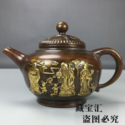 回流收藏大明宣德款福禄寿茶壶摆件纯铜古董老铜炉酒壶水壶老物件