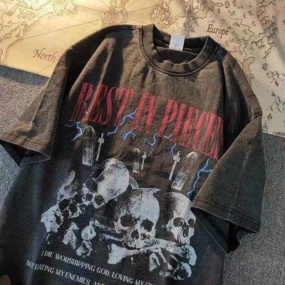 100%不起球美式高街骷髅印花水洗做旧复古短袖男T恤休闲宽松上衣