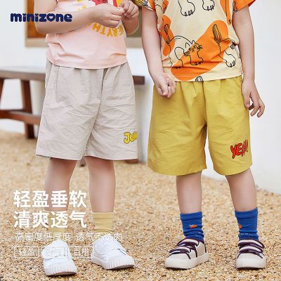 minizone夏季男女儿童中小童纯棉纯色字母休闲薄款运动短裤2-8岁