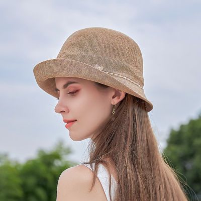 日本款和纸帽子优雅钻链渔夫帽女春夏透气防晒太阳帽翘边遮阳盆帽