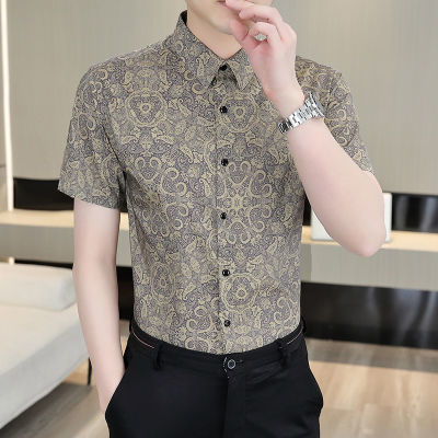 啄木鸟夏季新款男士高档修身潮流时尚丝光棉印花气质五分袖衬衫