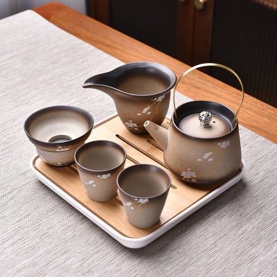家用中式粗陶陶瓷整套功夫茶具套装便携式旅行茶具提梁壶盖碗茶盘