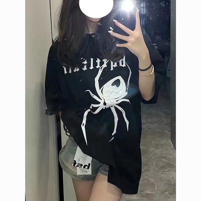 美式hiphop短袖t恤女1不起球宽松设计感小众高街潮牌复古蜘蛛上衣
