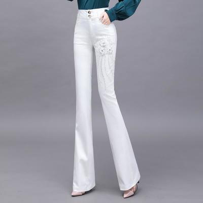 白色裤子女2023秋季新款显瘦微喇叭裤女高腰带钻休闲喇叭牛仔