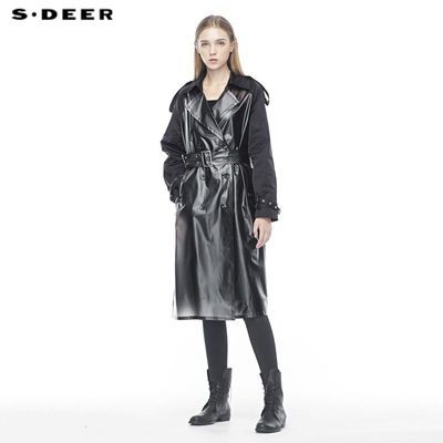 S·DEER圣迪奥女装秋季翻领双排扣创意拼接收腰纯黑大衣S19381849